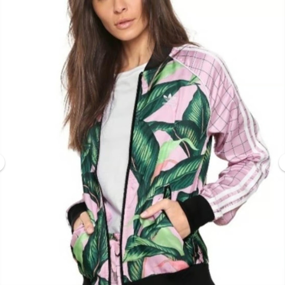 Adidas x Farm Rio Pink Palm Leaf Track Jacket Small Tropical Grid Zip Up Bomber